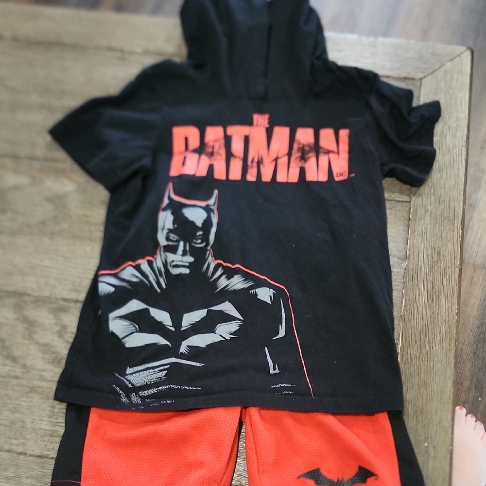 DC Comics Black and Red Batman Kids hooded tshirt and shorts set